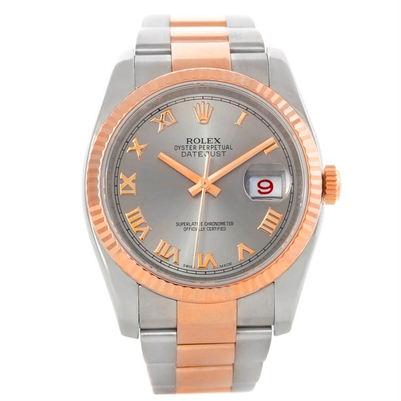 The image shows a Rolex Datejust 116231 Men's Steel and Gold (two tone) Pink Dial 116231 Men's Steel and Gold (two tone) Pink Dial watch from a front angle, displaying its face, bezel, and bracelet.