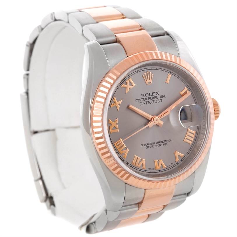 The Rolex Datejust 116231 Men's Steel and Gold (two tone) Pink Dial 116231 Men's Steel and Gold (two tone) Pink Dial model watch is shown at a slight front angle, displaying the dial, bezel, and part of the bracelet.