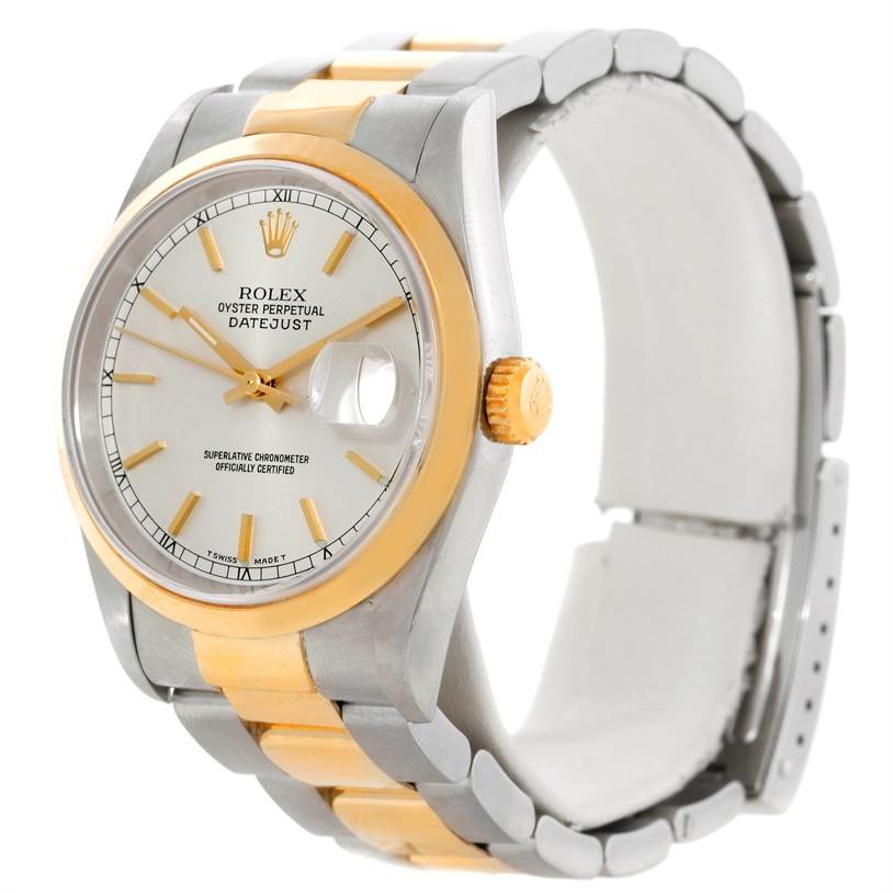 The image shows a front angled view of the Rolex Datejust 16203 Men's Steel and Gold (two tone) Silver Dial 16203 Men's Steel and Gold (two tone) Silver Dial watch, highlighting the face, bezel, and bracelet.