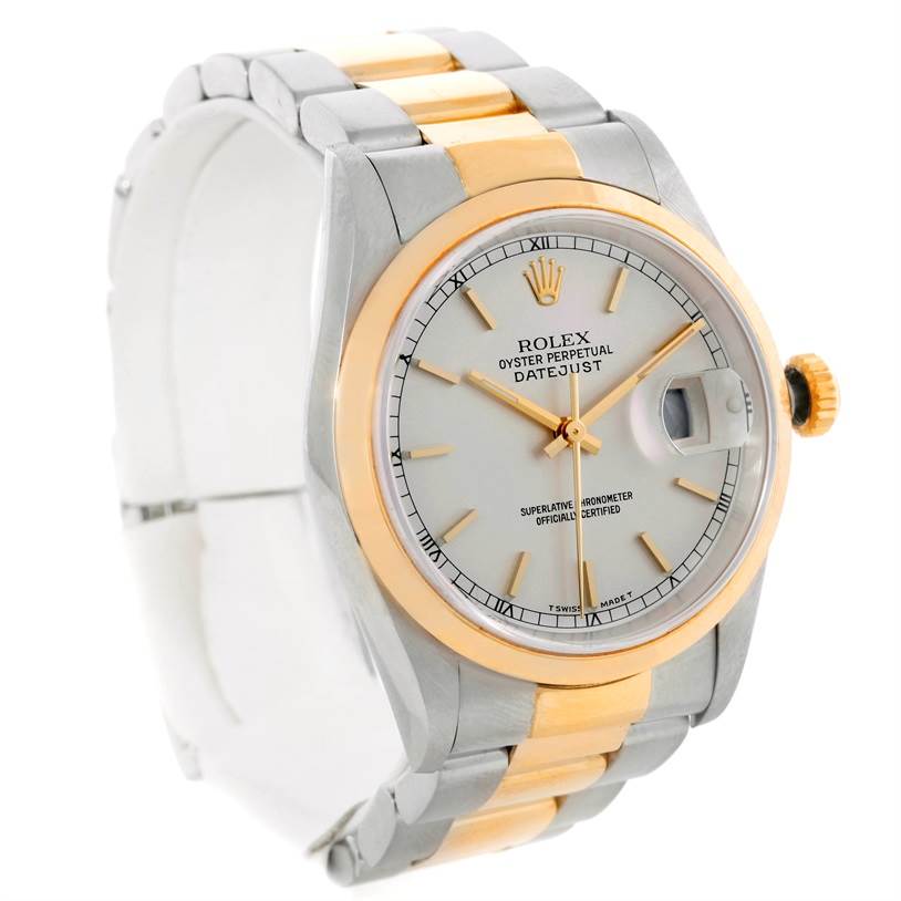 This Rolex Datejust 16203 Men's Steel and Gold (two tone) Silver Dial 16203 Men's Steel and Gold (two tone) Silver Dial watch is shown from a front-left angle, highlighting the dial, bezel, crown, and two-tone bracelet.