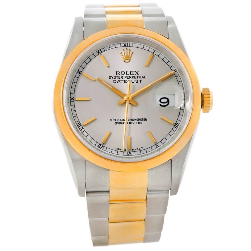 The image shows a front view of a Rolex Datejust 16203 Men's Steel and Gold (two tone) Silver Dial 16203 Men's Steel and Gold (two tone) Silver Dial watch, highlighting its dial, bezel, and bracelet.
