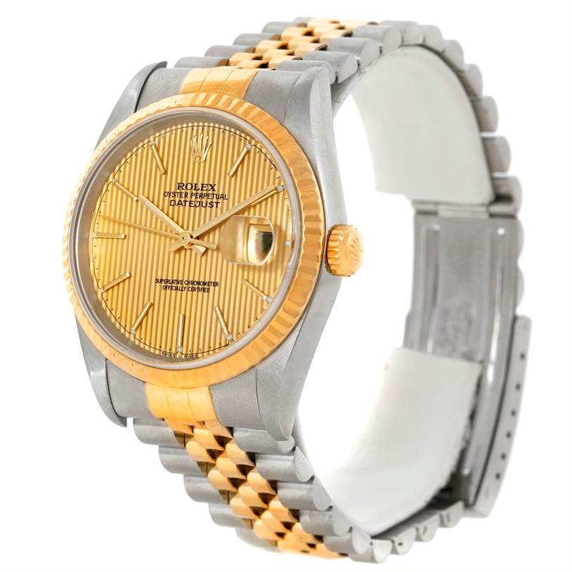 This Rolex Datejust 16233 Men's Steel and Gold (two tone) Champagne Dial 16233 Men's Steel and Gold (two tone) Champagne Dial watch is shown from a front angle, highlighting its gold dial, bezel, crown, and two-tone bracelet.