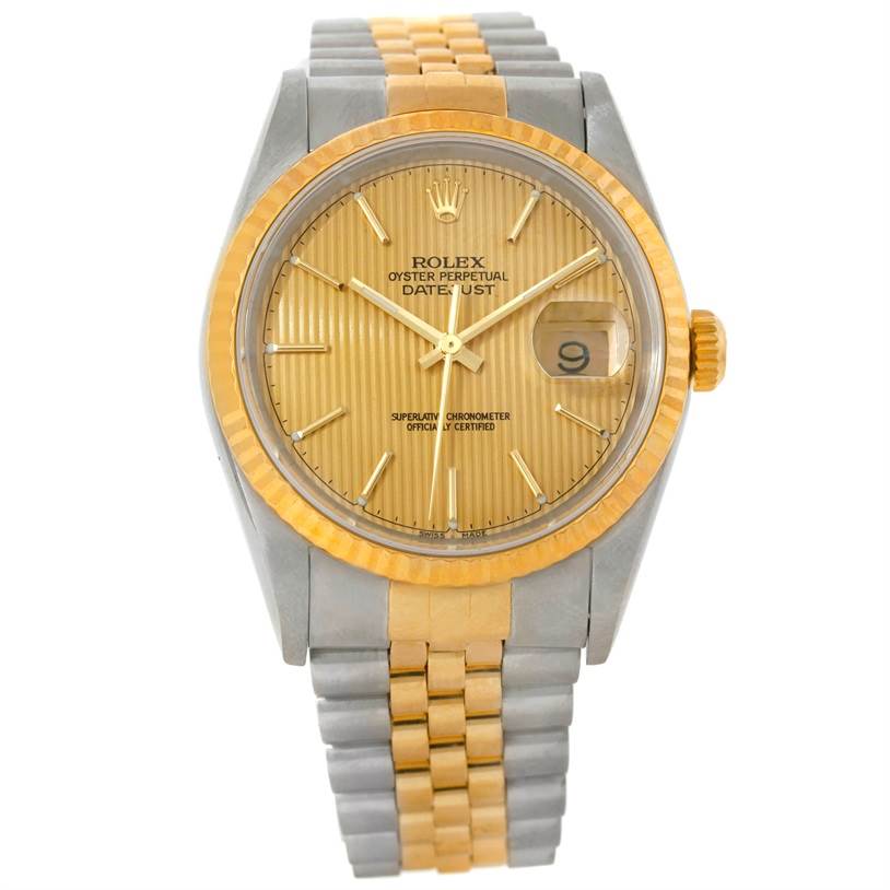 This image shows a front view of the Rolex Datejust 16233 Men's Steel and Gold (two tone) Champagne Dial 16233 Men's Steel and Gold (two tone) Champagne Dial watch, highlighting its gold dial, date window, and two-tone bracelet.