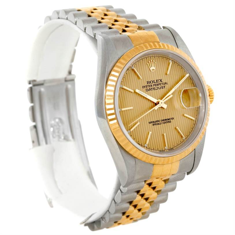 The Rolex Datejust 16233 Men's Steel and Gold (two tone) Champagne Dial 16233 Men's Steel and Gold (two tone) Champagne Dial watch is shown at an angled side view, highlighting the face, bezel, and part of the two-tone bracelet.