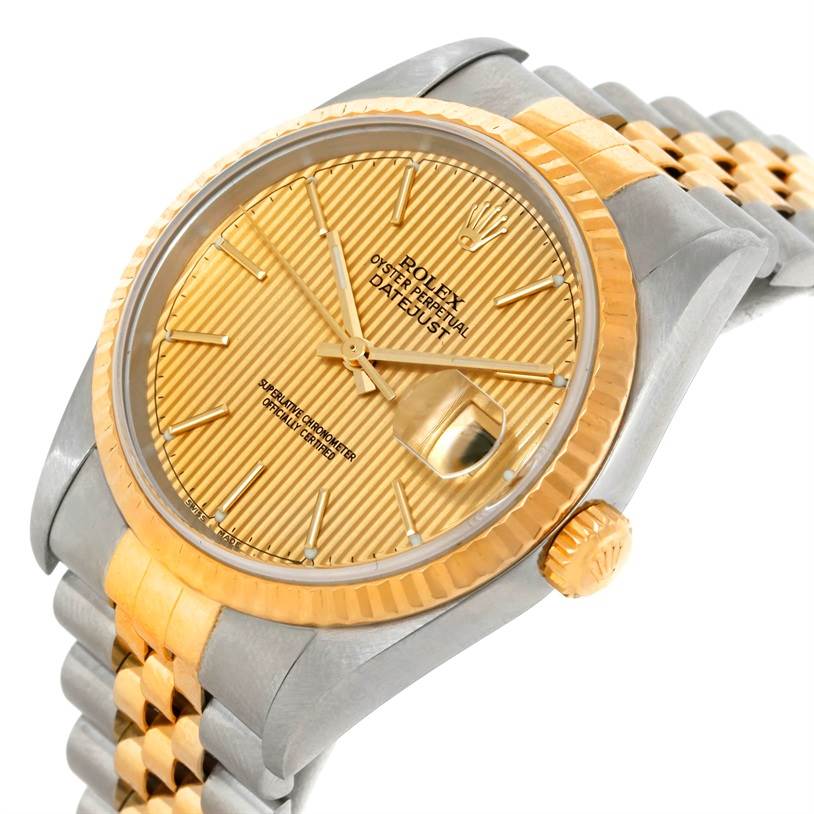 The image shows a close-up of a Rolex Datejust 16233 Men's Steel and Gold (two tone) Champagne Dial 16233 Men's Steel and Gold (two tone) Champagne Dial watch at an angle, highlighting the dial, bezel, crown, and part of the bracelet.