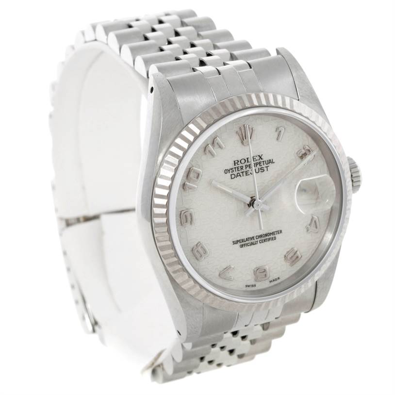 This image shows a front and slight side view of a Rolex Datejust 16234 Men's Stainless Steel Silver Dial 16234 Men's Stainless Steel Silver Dial watch, highlighting its face, bracelet, and fluted bezel.
