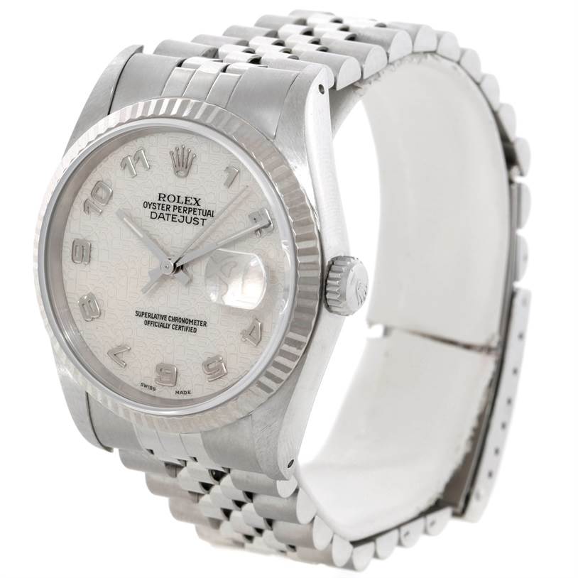 The image shows a front and slightly right-angled view of the Rolex Datejust 16234 Men's Stainless Steel Silver Dial 16234 Men's Stainless Steel Silver Dial watch, highlighting the face, bezel, case, and bracelet.