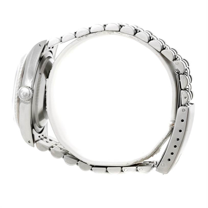 The Rolex Datejust 16234 Men's Stainless Steel Silver Dial 16234 Men's Stainless Steel Silver Dial watch is shown in a side profile angle featuring its band, case, and crown.