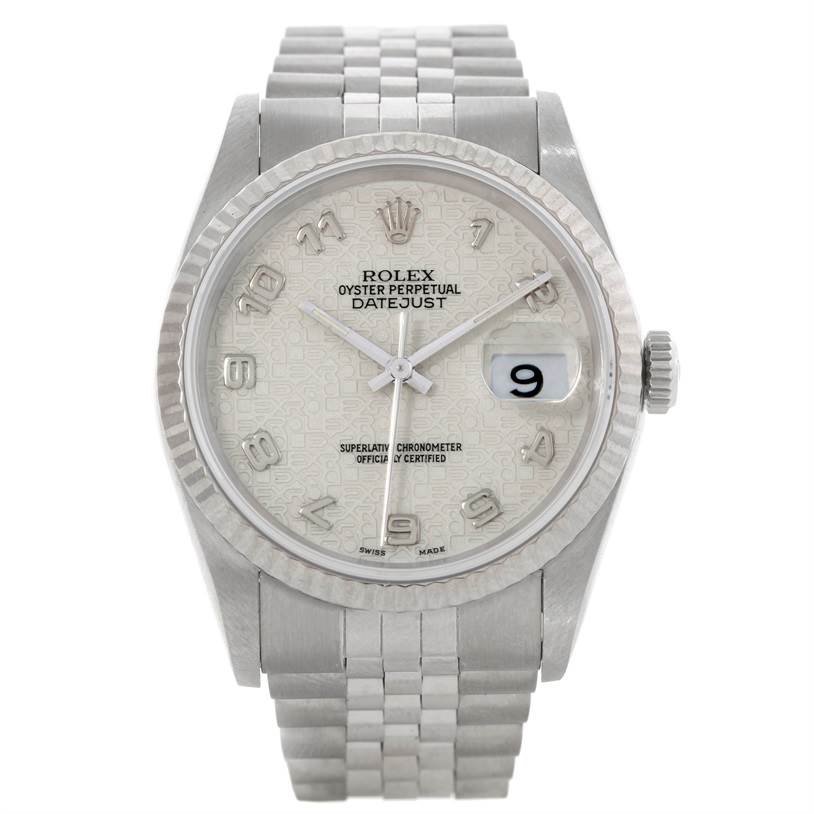 The Rolex Datejust 16234 Men's Stainless Steel Silver Dial 16234 Men's Stainless Steel Silver Dial is shown from a front angle, displaying the face, bezel, crown, and bracelet.