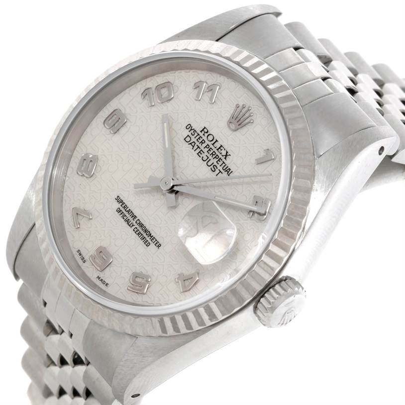 The image shows a partial side view of a Rolex Datejust 16234 Men's Stainless Steel Silver Dial 16234 Men's Stainless Steel Silver Dial watch, highlighting the dial, bezel, crown, and bracelet.
