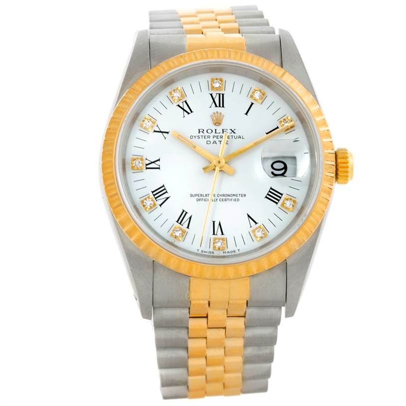 The Rolex Datejust 15223 Men's Steel and Gold (two tone) White Dial 15223 Men's Steel and Gold (two tone) White Dial watch is shown from a front angle, displaying the face, bezel, and part of the bracelet.