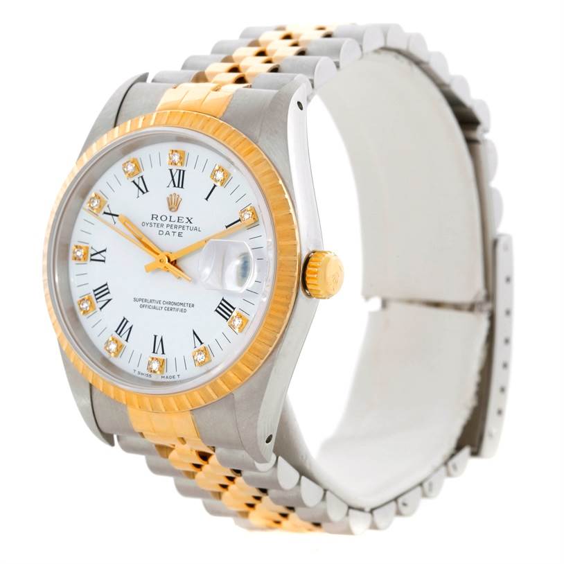The image shows a side angle of a Rolex Datejust 15223 Men's Steel and Gold (two tone) White Dial 15223 Men's Steel and Gold (two tone) White Dial watch, highlighting its face, bezel, and partial bracelet.
