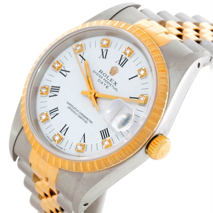 This Rolex Datejust 15223 Men's Steel and Gold (two tone) White Dial 15223 Men's Steel and Gold (two tone) White Dial watch is shown at an angled view, highlighting the face, bezel, crown, and part of the bracelet.