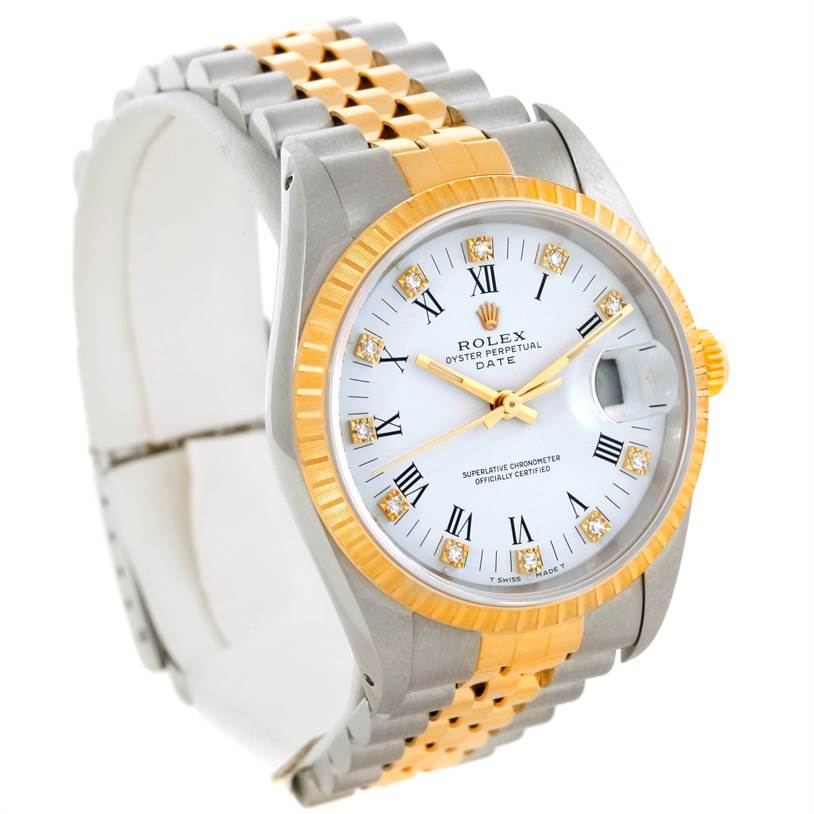 The image shows a Rolex Datejust 15223 Men's Steel and Gold (two tone) White Dial 15223 Men's Steel and Gold (two tone) White Dial watch at a slight angle, highlighting its dial, bezel, and bracelet.