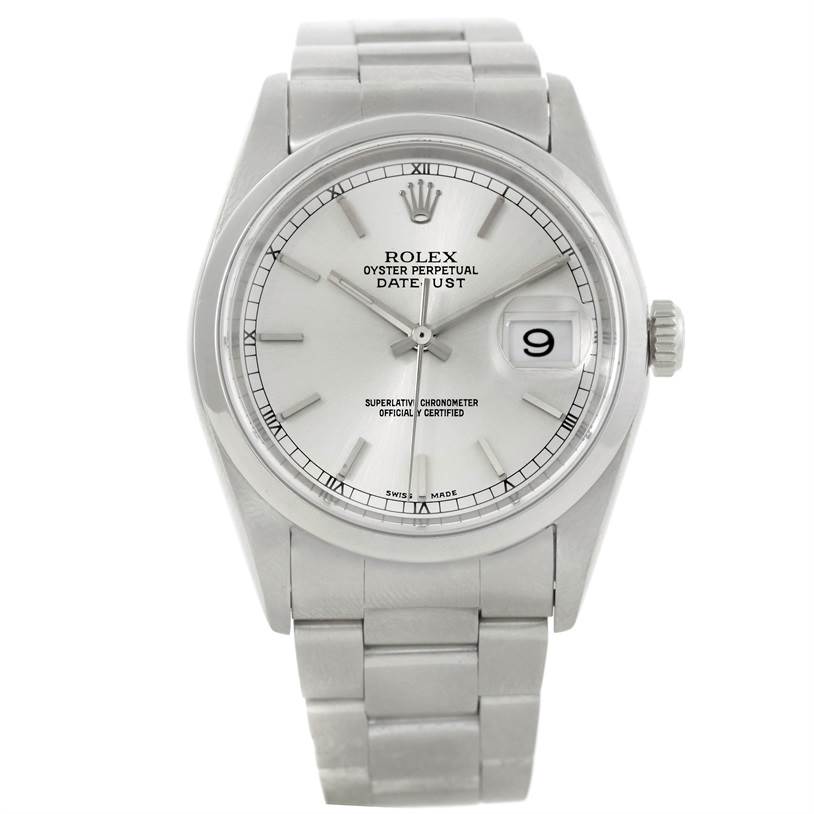 This image shows the front view of a Rolex Datejust 16200 Men's Stainless Steel Silver Dial 16200 Men's Stainless Steel Silver Dial watch, displaying the dial, date window, and bracelet.