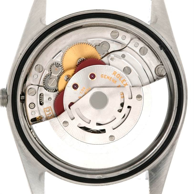 The image shows the internal movement mechanism of a Rolex Datejust 16200 Men's Stainless Steel Silver Dial 16200 Men's Stainless Steel Silver Dial model from a top-down angle.