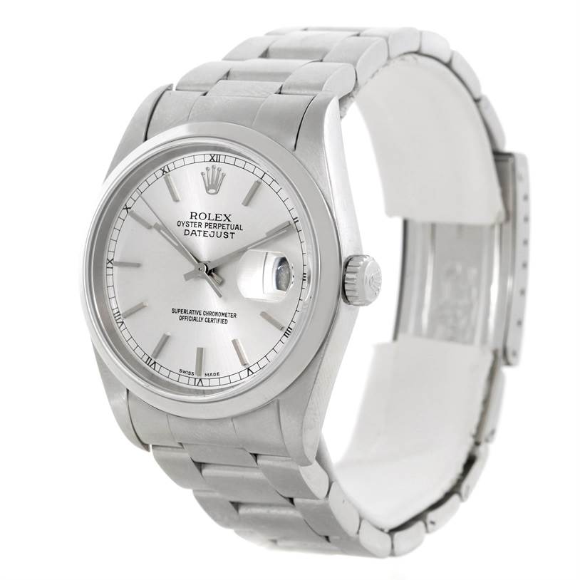 This image shows a Rolex Datejust 16200 Men's Stainless Steel Silver Dial 16200 Men's Stainless Steel Silver Dial watch from a front angle, highlighting the dial, bracelet, crown, and date magnification feature.