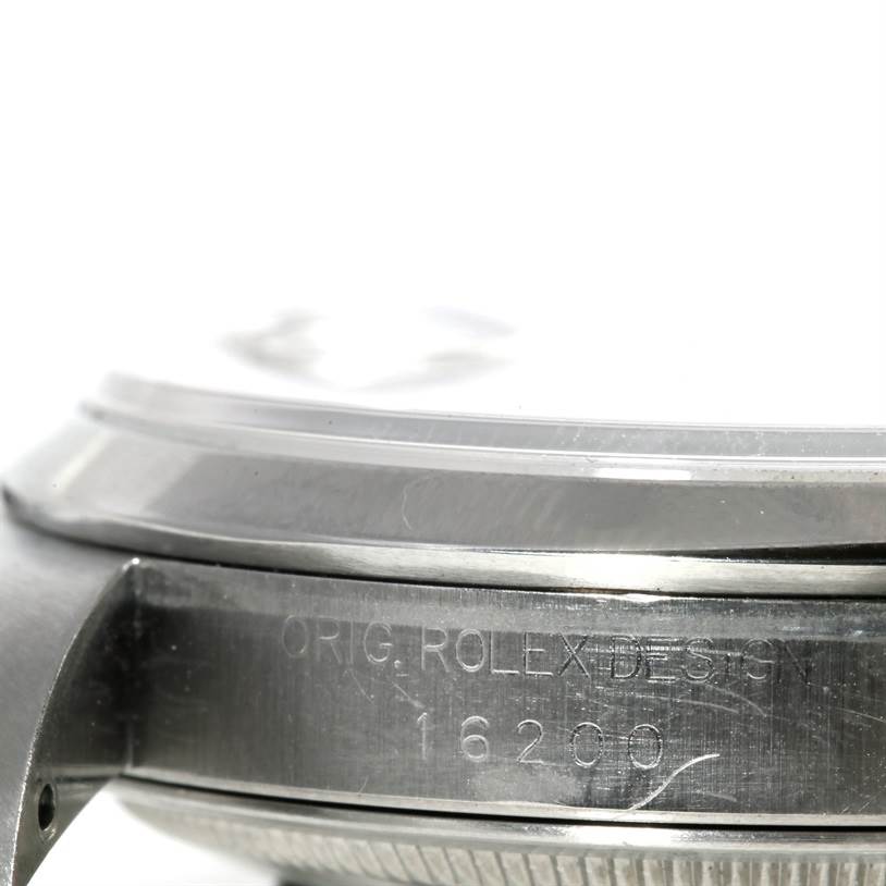 The image shows a side view of the case and bezel of a Rolex Datejust 16200 Men's Stainless Steel Silver Dial 16200 Men's Stainless Steel Silver Dial model watch, displaying the engraved model number.