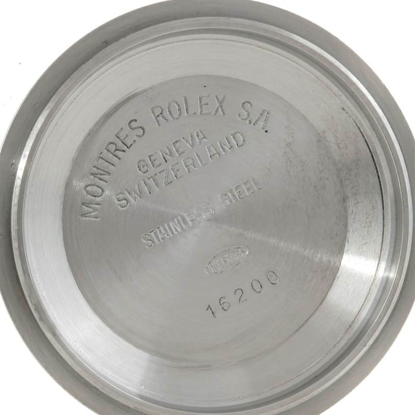 This image shows the inner case back of a Rolex Datejust 16234 Men's Stainless Steel Silver Dial 16234 Men's Stainless Steel Silver Dial model, displaying the engraved details.