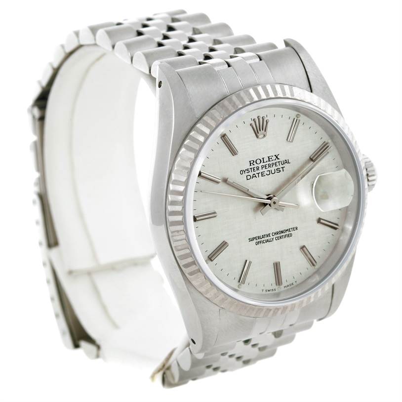 The image shows a Rolex Datejust 16234 Men's Stainless Steel Silver Dial 16234 Men's Stainless Steel Silver Dial watch from an angled front side, displaying the dial, bezel, case, and part of the bracelet.