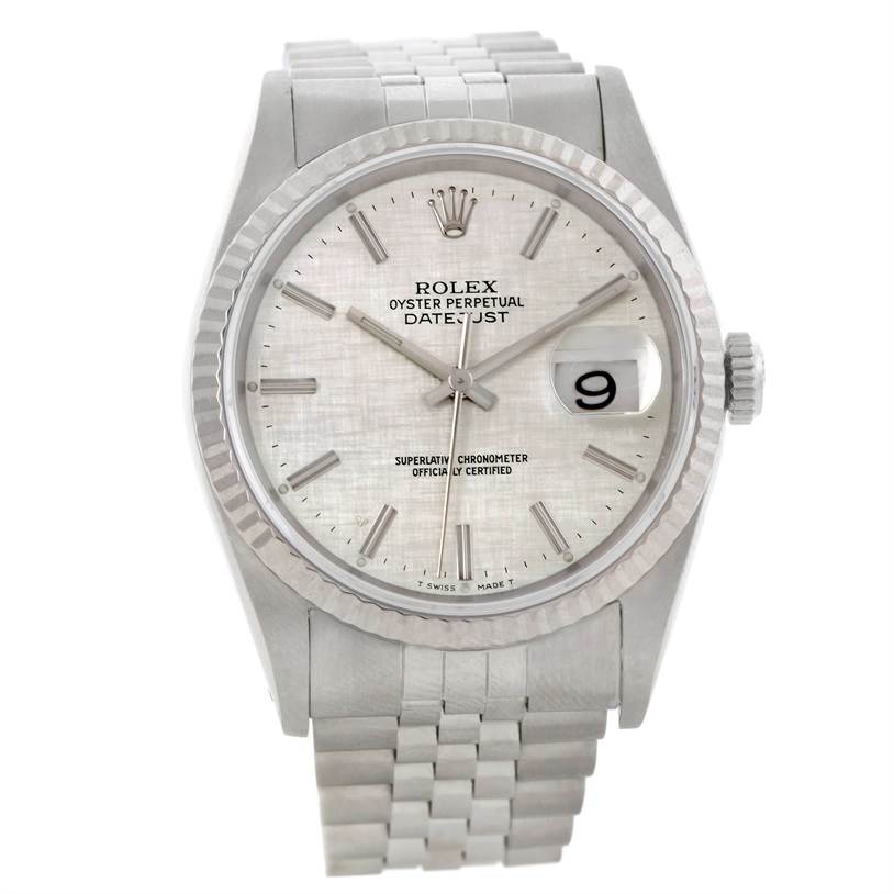 The Rolex Datejust 16234 Men's Stainless Steel Silver Dial 16234 Men's Stainless Steel Silver Dial watch is shown from a frontal angle, highlighting the dial, bracelet, crown, and date display.