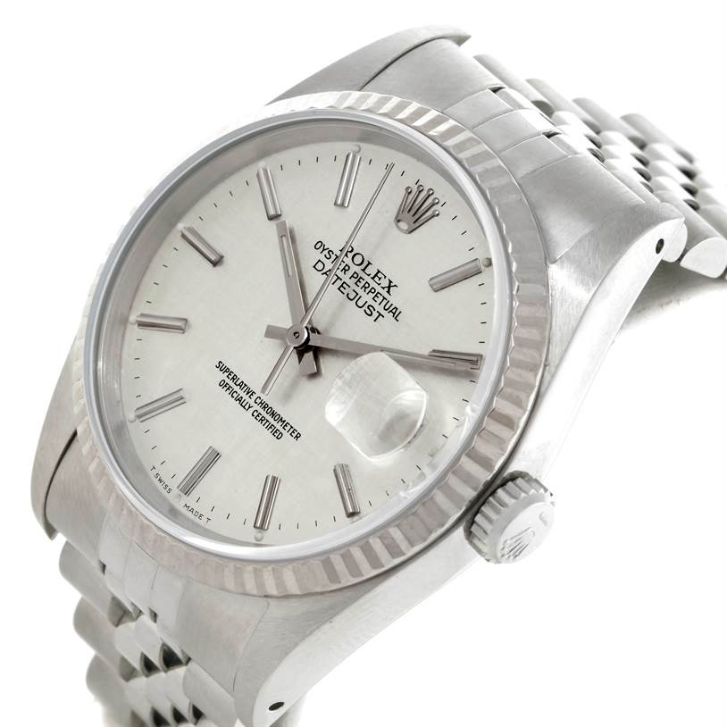 The image shows a Rolex Datejust 16234 Men's Stainless Steel Silver Dial 16234 Men's Stainless Steel Silver Dial watch from a slightly angled top view, highlighting the dial, bezel, crown, and part of the bracelet.