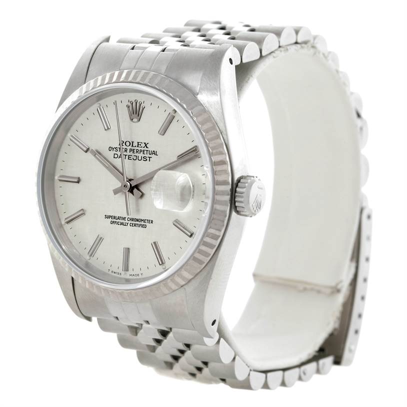 The image shows a side-angle view of a Rolex Datejust 16234 Men's Stainless Steel Silver Dial 16234 Men's Stainless Steel Silver Dial watch, displaying the watch face, bezel, crown, and part of the bracelet.