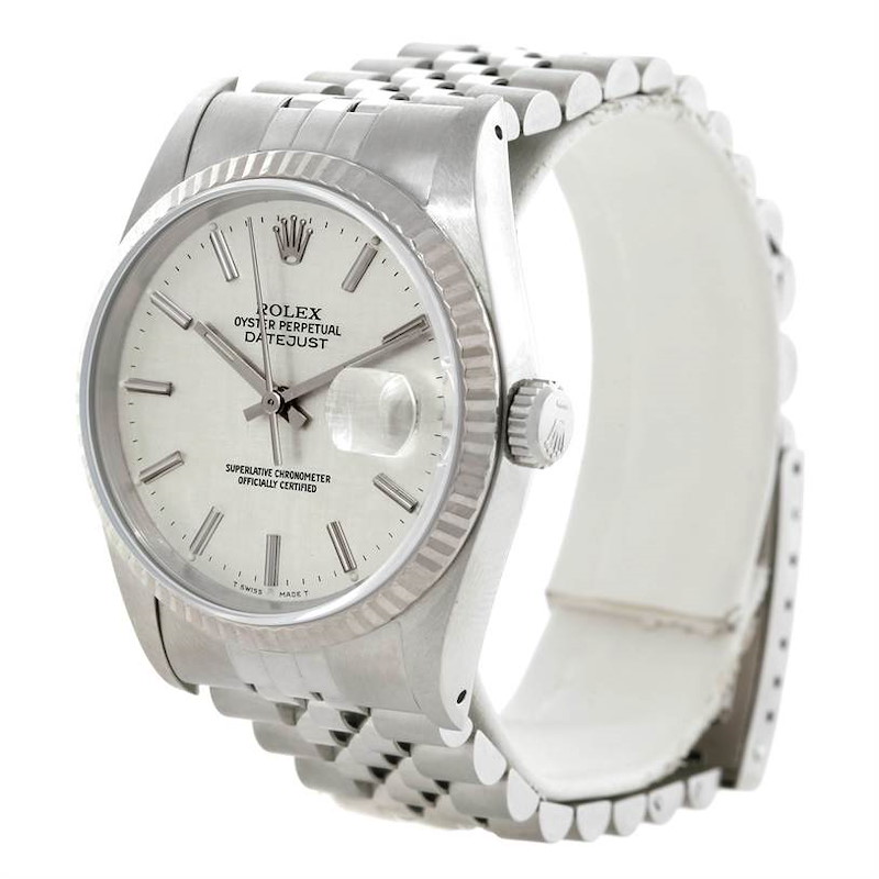 Rolex Datejust Steel 18k White Gold Silver Linen Dial Mens Watch 16234 SwissWatchExpo