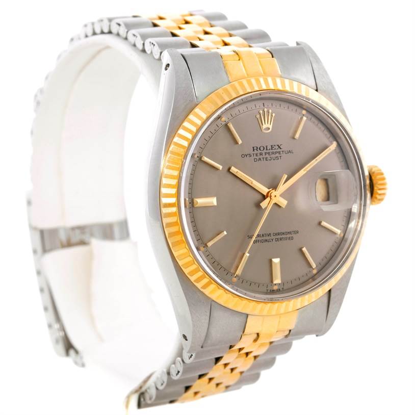 This image shows a side angle of a Rolex Datejust 1601 Men's Stainless Steel Brown Dial 1601 Men's Stainless Steel Brown Dial watch, highlighting the face, bezel, crown, and two-tone bracelet.