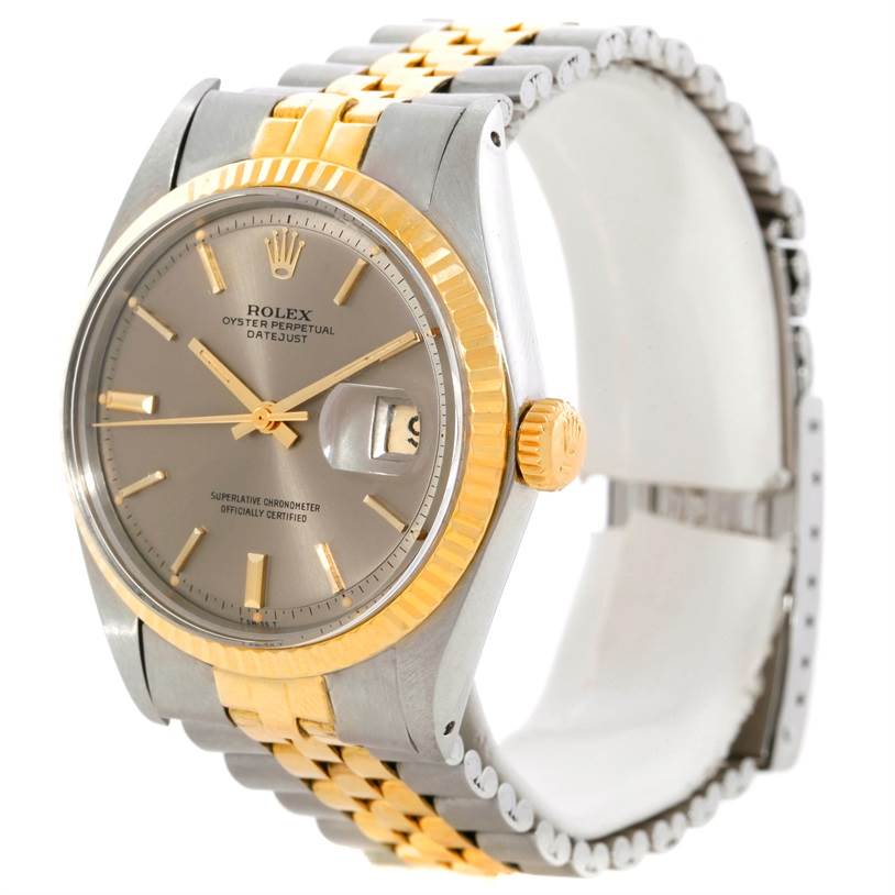 The Rolex Datejust 1601 Men's Stainless Steel Brown Dial 1601 Men's Stainless Steel Brown Dial watch is shown at a slight angle, focusing on the face, bezel, crown, and part of the bracelet.
