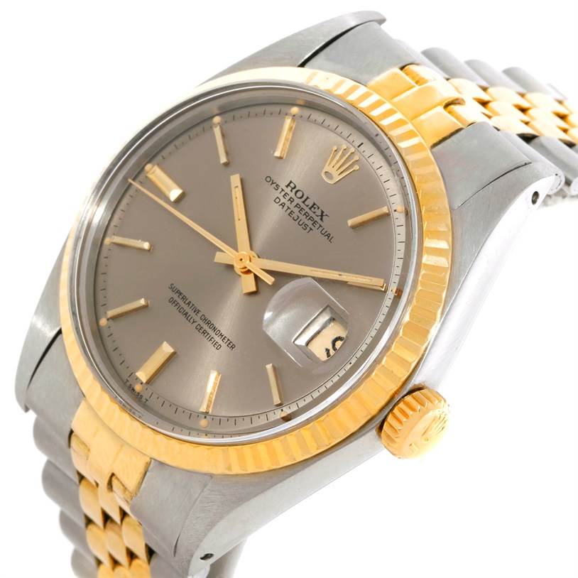 This Rolex Datejust 1601 Men's Stainless Steel Brown Dial 1601 Men's Stainless Steel Brown Dial watch is shown at an oblique angle, highlighting the dial, bezel, crown, and part of the bracelet.