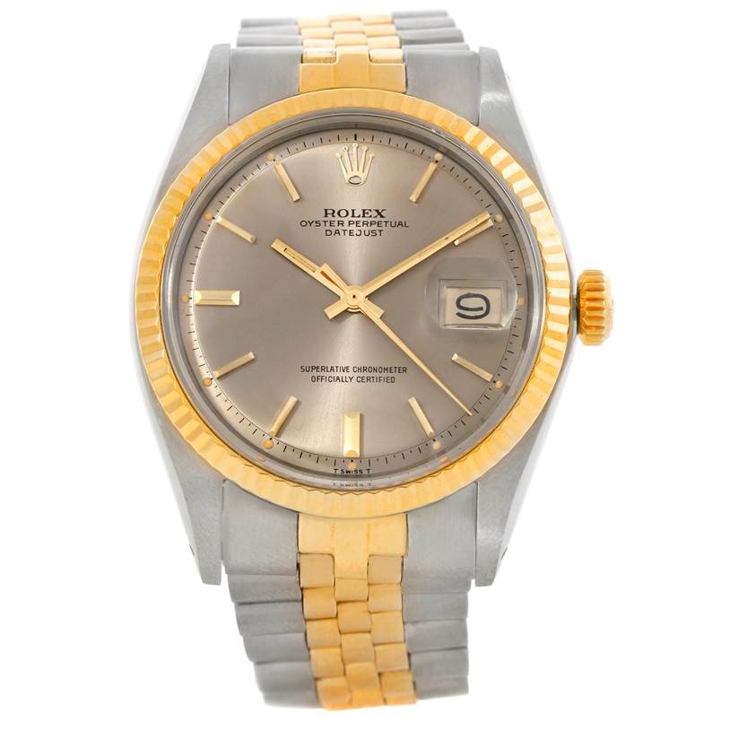 The image shows a Rolex Datejust 1601 Men's Stainless Steel Brown Dial 1601 Men's Stainless Steel Brown Dial watch from a frontal angle, highlighting the dial, bezel, and bracelet.