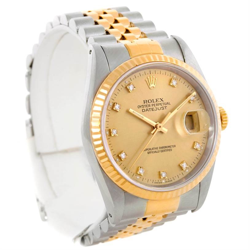 The Rolex Datejust 16233 Men's Steel and Gold (two tone) Champagne Dial 16233 Men's Steel and Gold (two tone) Champagne Dial watch is shown at an angled view, highlighting the gold and silver bracelet, dial, and bezel.