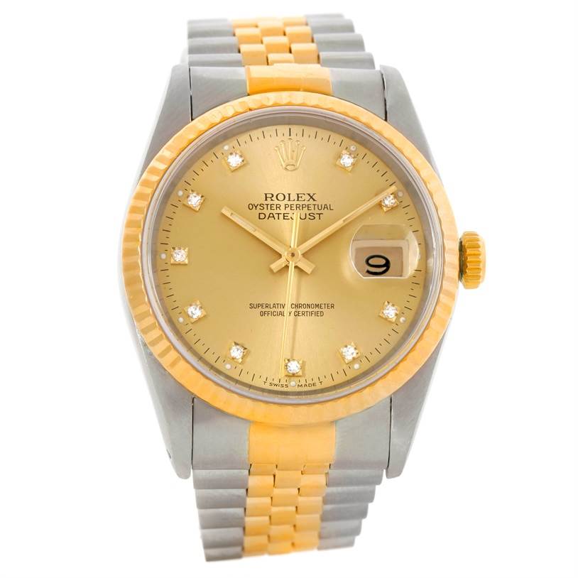 This image shows a frontal view of the Rolex Datejust 16233 Men's Steel and Gold (two tone) Champagne Dial 16233 Men's Steel and Gold (two tone) Champagne Dial watch, featuring a gold dial, two-tone bracelet, and date display.