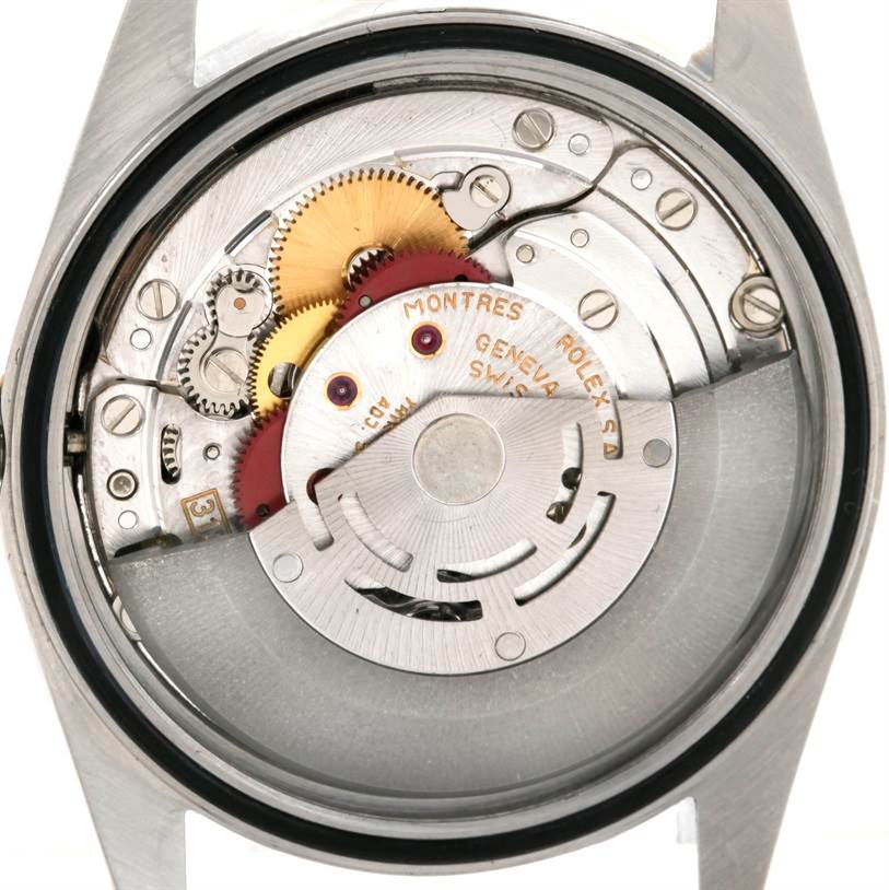 This image shows the internal mechanical movement of a Rolex Datejust 16233 Men's Steel and Gold (two tone) Champagne Dial 16233 Men's Steel and Gold (two tone) Champagne Dial model, viewed from the back.