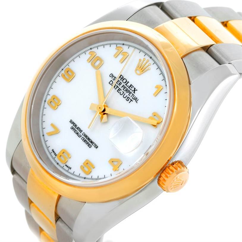 The image shows a close-up of the Rolex Datejust 116203 Men's Stainless Steel White Dial 116203 Men's Stainless Steel White Dial watch face and partial band at an angled view, highlighting the bezel and crown.