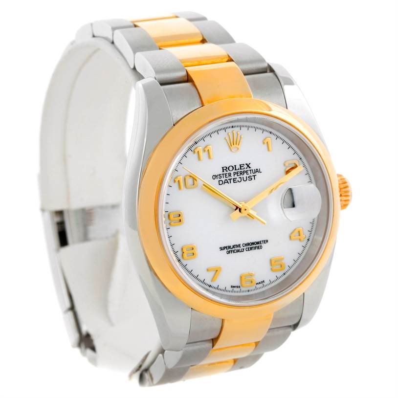 The Rolex Datejust 116203 Men's Stainless Steel White Dial 116203 Men's Stainless Steel White Dial watch is shown from an angled side view, highlighting its dial, bezel, and two-tone metal bracelet.