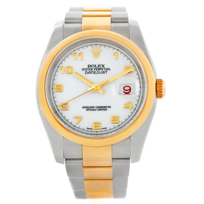 This image shows a front view of a Rolex Datejust 116203 Men's Stainless Steel White Dial 116203 Men's Stainless Steel White Dial watch with a gold and silver bracelet and a white dial.