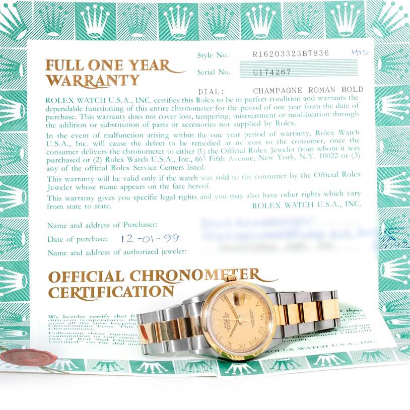 The image shows a Rolex Datejust 16203 Men's Steel and Gold (two tone) Champagne Dial 16203 Men's Steel and Gold (two tone) Champagne Dial watch angled display of the face and band, along with its warranty and chronometer certification.