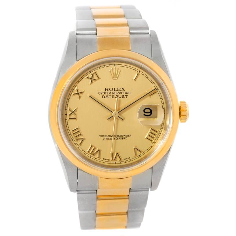 This image shows a front view of the Rolex Datejust 16203 Men's Steel and Gold (two tone) Champagne Dial 16203 Men's Steel and Gold (two tone) Champagne Dial watch with a gold and stainless steel bracelet, gold dial, and date display at 3 o'clock.