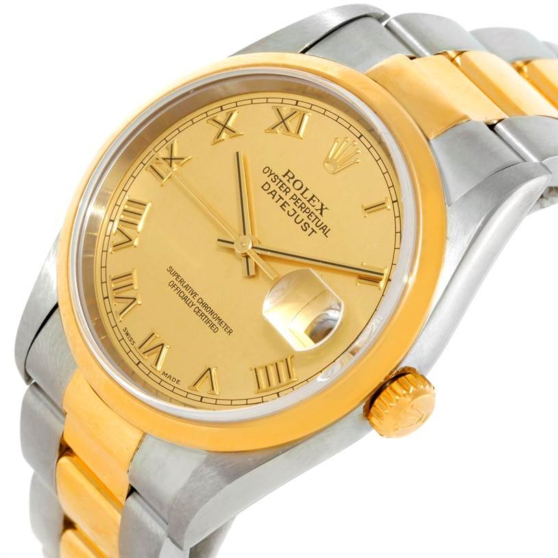 The image shows a close-up view of the Rolex Datejust 16203 Men's Steel and Gold (two tone) Champagne Dial 16203 Men's Steel and Gold (two tone) Champagne Dial watch face, bezel, crown, and part of the bracelet.