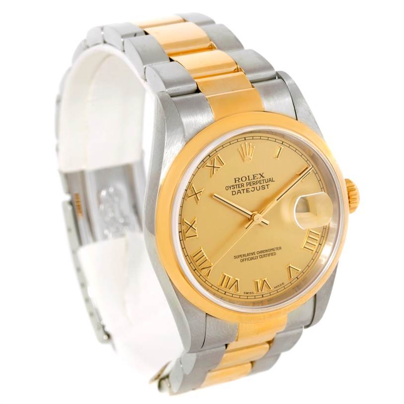 This image shows a Rolex Datejust 16203 Men's Steel and Gold (two tone) Champagne Dial 16203 Men's Steel and Gold (two tone) Champagne Dial watch from a front angle, displaying the gold dial, bezel, and two-tone bracelet.