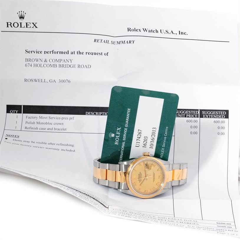 The image shows a Rolex Datejust 16203 Men's Steel and Gold (two tone) Champagne Dial 16203 Men's Steel and Gold (two tone) Champagne Dial watch, a guarantee card, and a service summary document laid out flat.