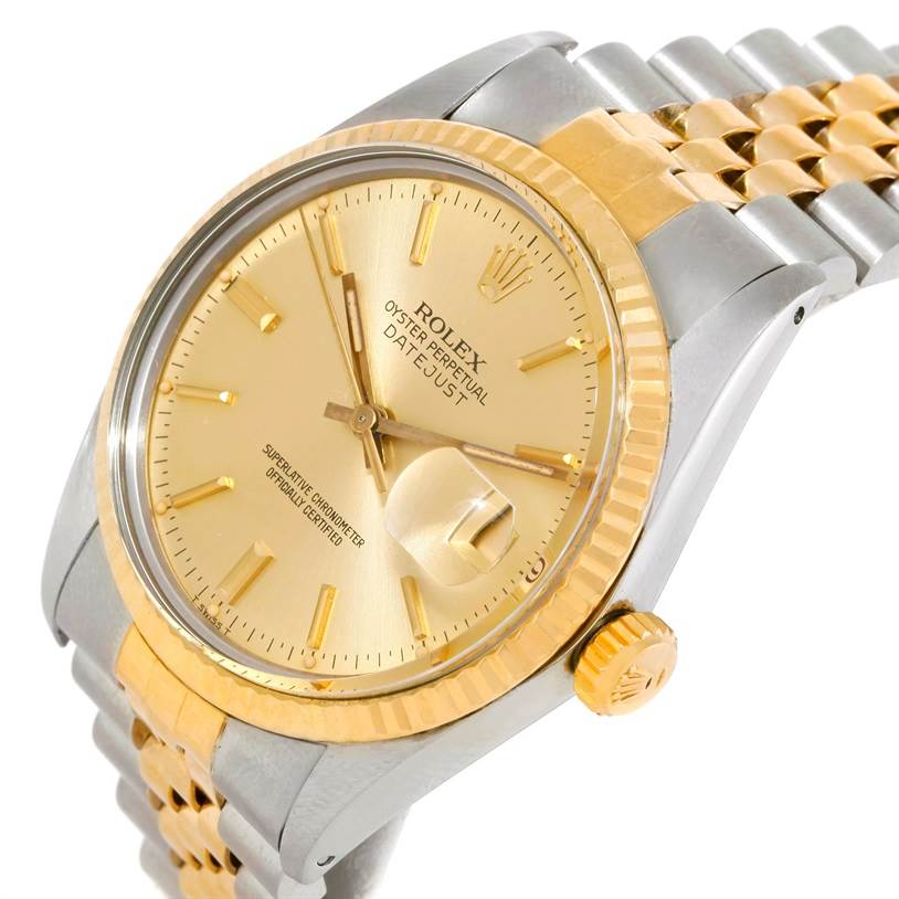 This image shows a Rolex Datejust 16013 Men's Stainless Steel Champagne Dial 16013 Men's Stainless Steel Champagne Dial watch at an angle displaying the dial, bezel, crown, and part of the bracelet.