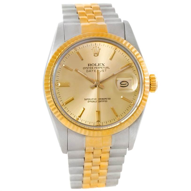 The Rolex Datejust 16013 Men's Stainless Steel Champagne Dial 16013 Men's Stainless Steel Champagne Dial watch is shown from a straight-on angle, displaying its dial, bezel, and bracelet.