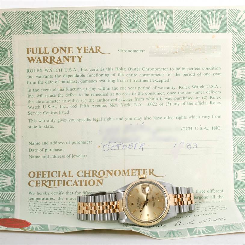 The Rolex Datejust 16013 Men's Stainless Steel Champagne Dial 16013 Men's Stainless Steel Champagne Dial watch is displayed with a full one-year warranty certificate in the background.