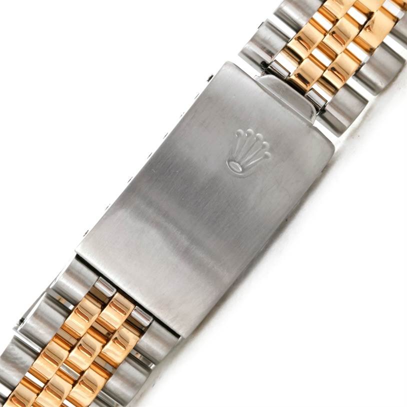 This image shows a close-up of the clasp and bracelet of a Rolex Datejust 16013 Men's Stainless Steel Black Dial 16013 Men's Stainless Steel Black Dial watch.