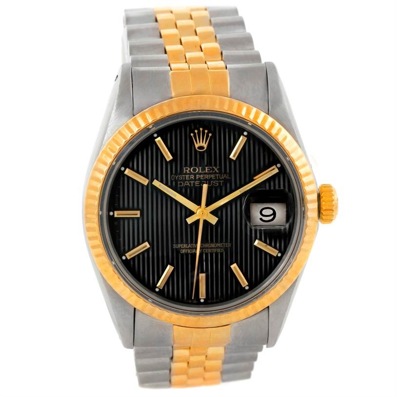 This image shows a front view of a Rolex Datejust 16013 Men's Stainless Steel Black Dial 16013 Men's Stainless Steel Black Dial watch, highlighting its dial, hands, bezel, and bracelet.