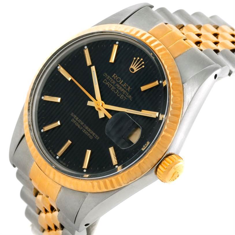 The Rolex Datejust 16013 Men's Stainless Steel Black Dial 16013 Men's Stainless Steel Black Dial watch is shown at an angle highlighting the face, case, bezel, crown, and part of the jubilee bracelet.