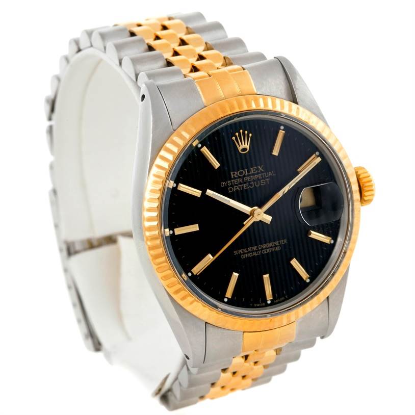 This Rolex Datejust 16013 Men's Stainless Steel Black Dial 16013 Men's Stainless Steel Black Dial watch is shown at a three-quarter angle, displaying its black dial, bezel, bracelet, and crown.